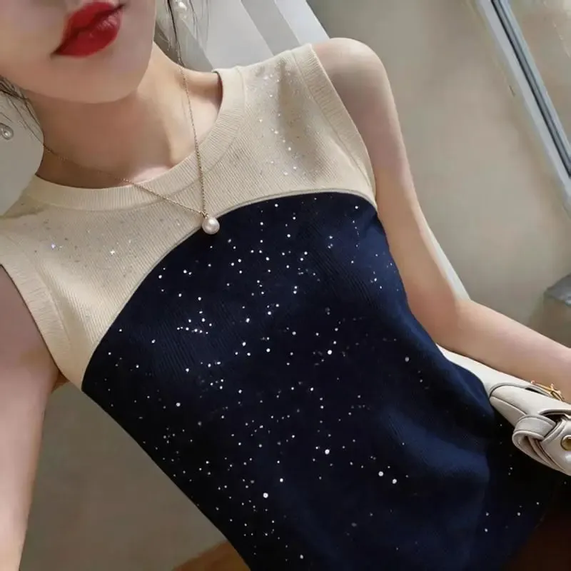 Sleeveless O-neck Contrast Patchwork Plus Size Elegant Tanks Summer Ice Silk Slim Vintage T Shirts Fashion Trend Women Clothing — image 6