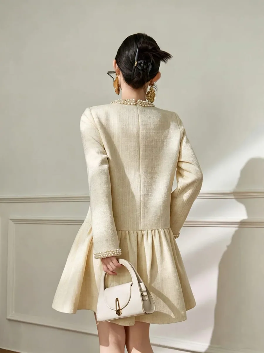 2026 Spring Luxury French Midi Dress Elegant Long Sleeve Dress with Rhinestone & Bead Inlay High-class Noble Princess Style