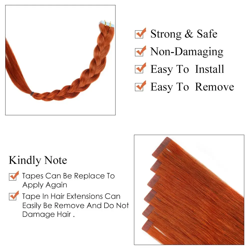 Veravicky cobre vermelho 50g fita em extensões de cabelo humano trama da pele adesivo invisível machina remy sem costura 100% cabelo real — image 6