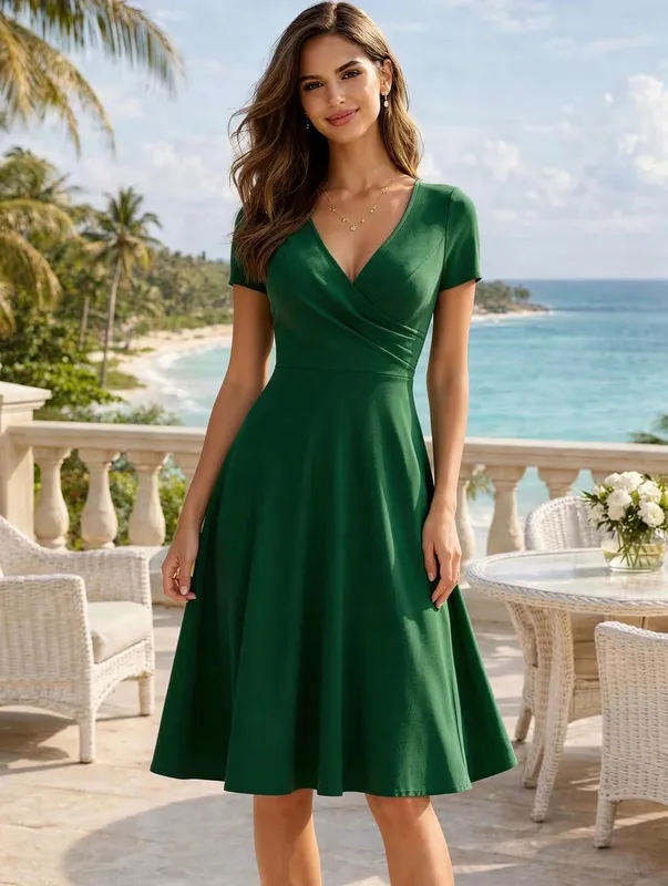 Pambabaeng Elegant Round Neck Summer Short Sleeve Solid A-Line Hanggang Tuhod na Dress High Waist Swagger Party na Kaswal na Pag-alis ng Kasal — image 13