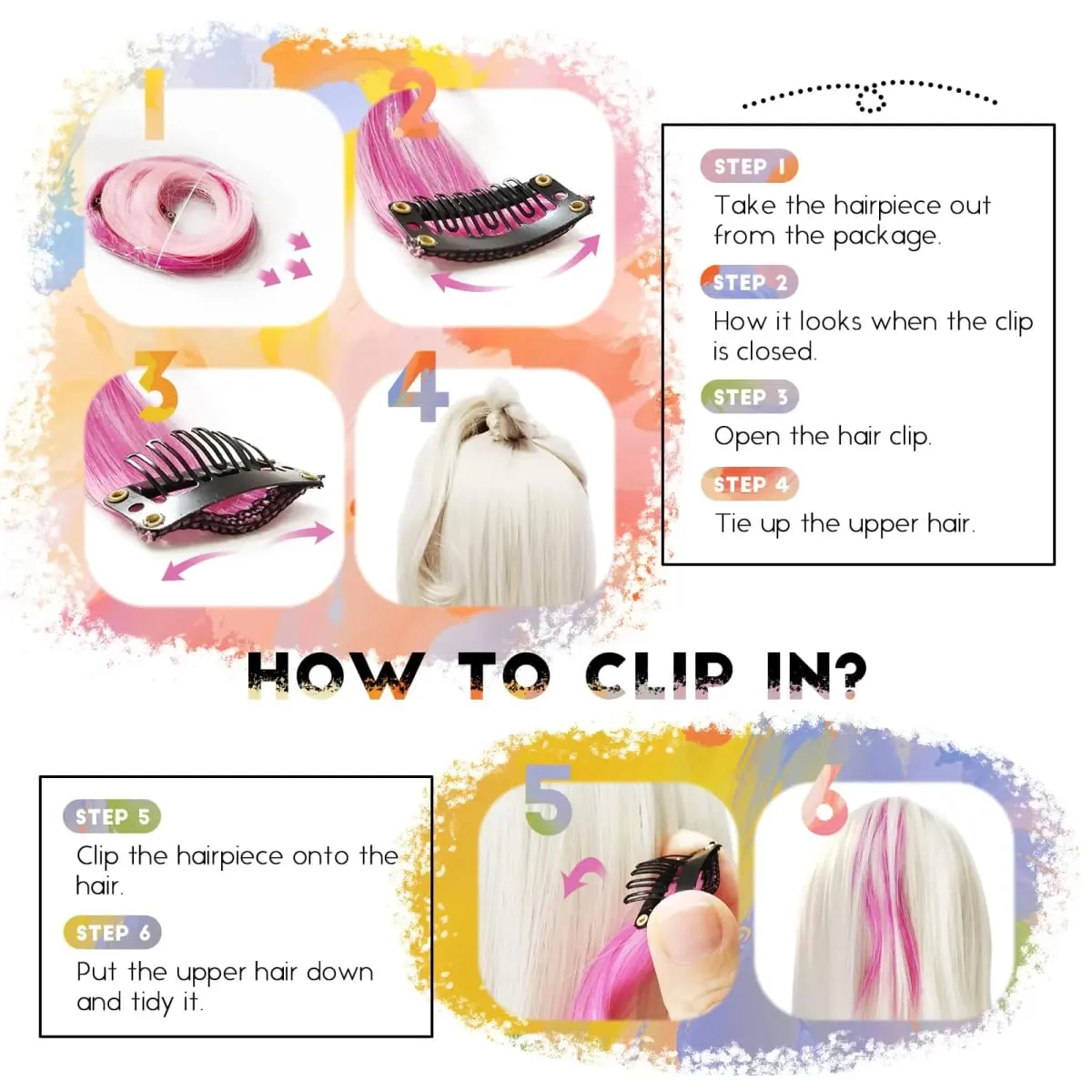 6PCS Ombre Clip In Hair Extensions Synthetic Body Wave Long Wavy Rainbow Highlight For Women Party Cosplay Festival Hair