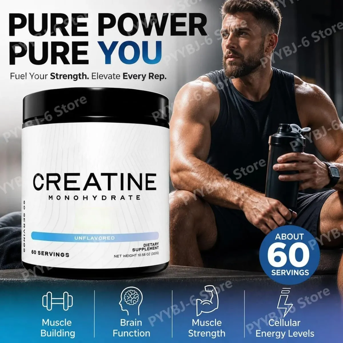 Creatine Monohydrate Powder 300G Unflavored Vegan Muscle Building Strength Cellular Energy Levels Brain Function 60 Servings