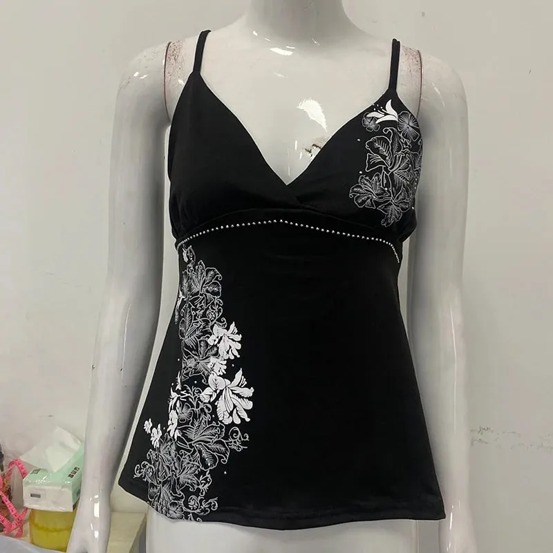 Aesthetic Flower Print Rhinestone Decorative Slim Camisole Summer V Neck Backless Fashion Street Vintage Harajuku Sleeveless Top — image 5