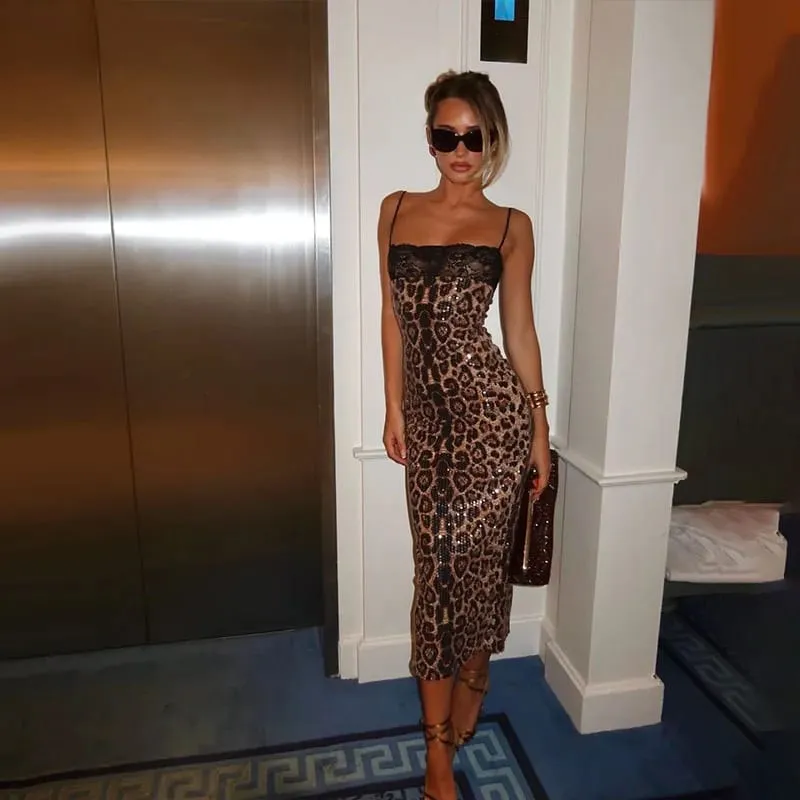 Ahagaga Sexy Women's Maxi Dress Camisole Spring Summer Square Neckline With Lace Trim Leopard Print Sequin Fabric Bodycon Slim