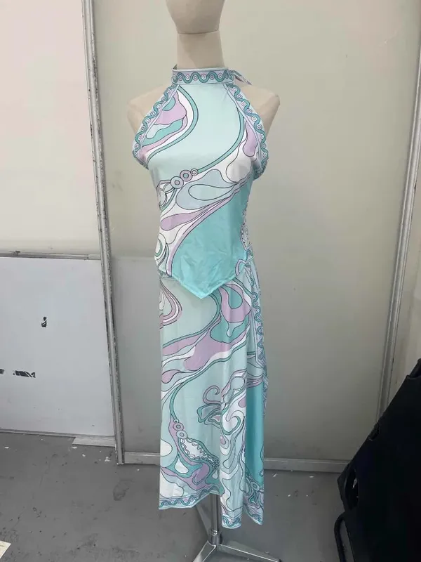 Senhora sexy impresso halter vestido sem mangas fora do ombro sem costas solto irregular chique robe 2026 feminino férias rua vestidos