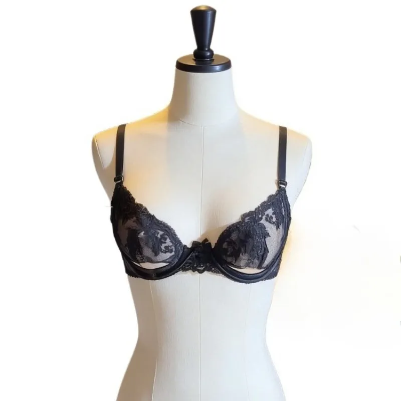 Ensemble de soutien-gorge demi-bonnet en dentelle parisienne - Lingerie d'été à armatures ultra fine avec découpes transparentes et sans éponge - Sexy French Desire — image 2