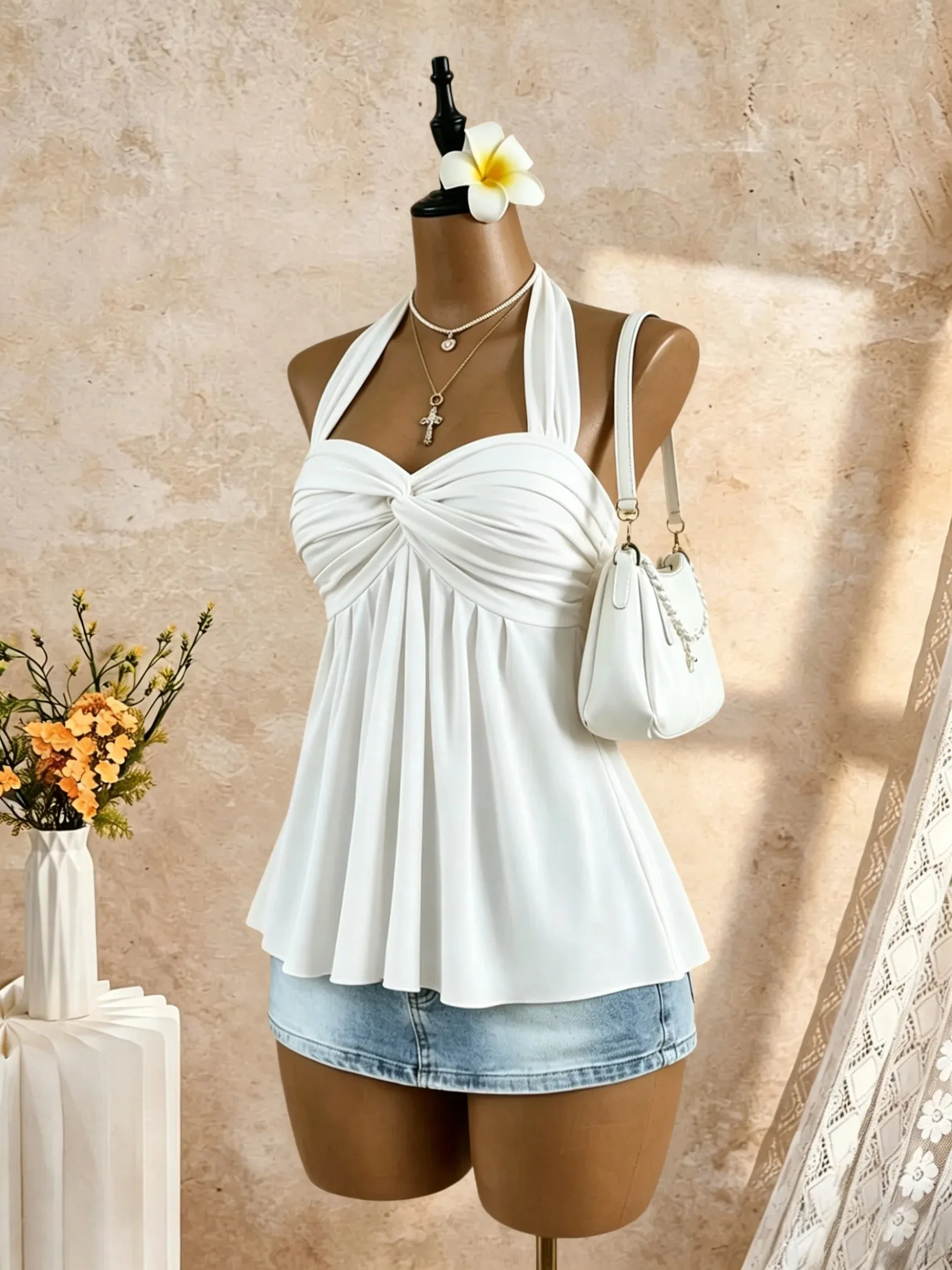 Women Halter Twist Front Sweetheart Neck Flared Peplum Camisole 2026 Summer Y2K Solid White Sleeveless Flowy Beach Vacation Tank — image 4