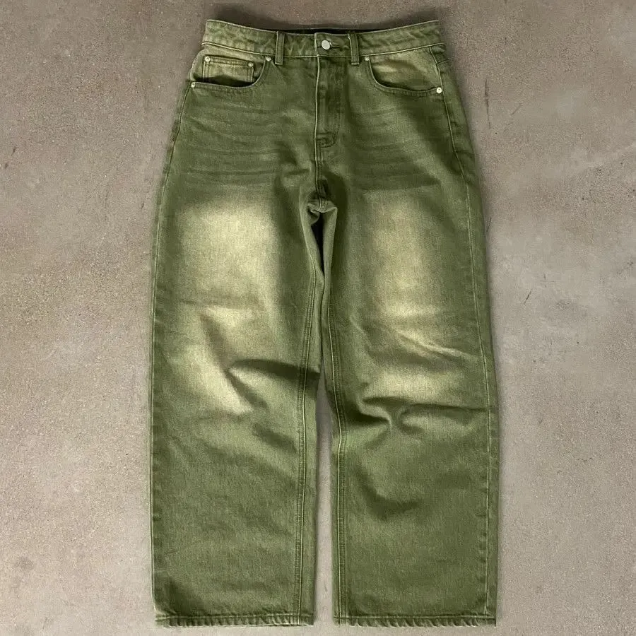 Mens Jeans Matcha Green Washed Gradient Denim Pants Harajuku Unisex Loose Fit Straight Leg Wide Leg Casual Streetwear Fashion — image 8