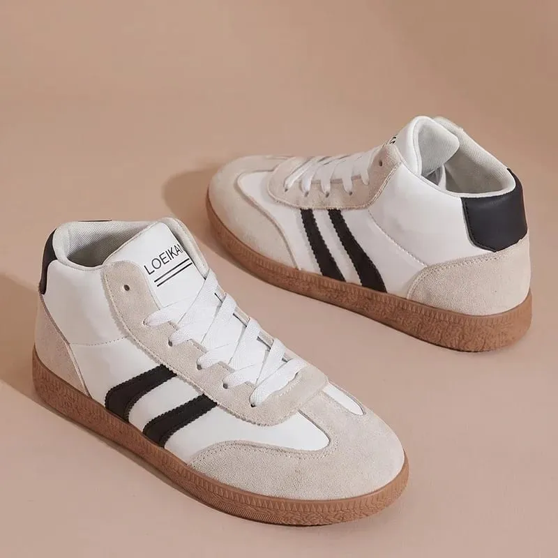 Unisex High Top Retro Sneakers Striped Patchwork Lace‑up Soft Rubber Sole Daily Casual Board Shoes for Men Women