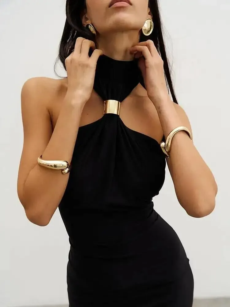 Balitops anel de ouro gola alta maxi tanque vestido feminino verão novo fino ajuste vestido feminino sem mangas volta dividir bodycon vestido longo — image 2