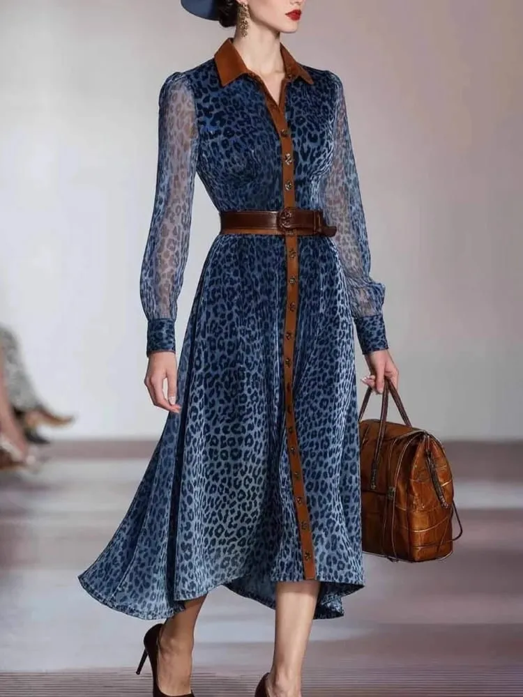 Mulher elegante vestidos retro turndown colarinho leopardo impressão vestido longo outono único breasted manga longa vestido de cowboy ocidental — image 3