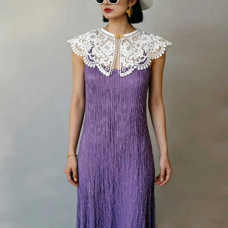 Pleated Sleeveless Elastic Long Dresses Women Vintage Palace Style Womens Black White Doll Fake Collar Soft Midi Dress Clothing — image 2