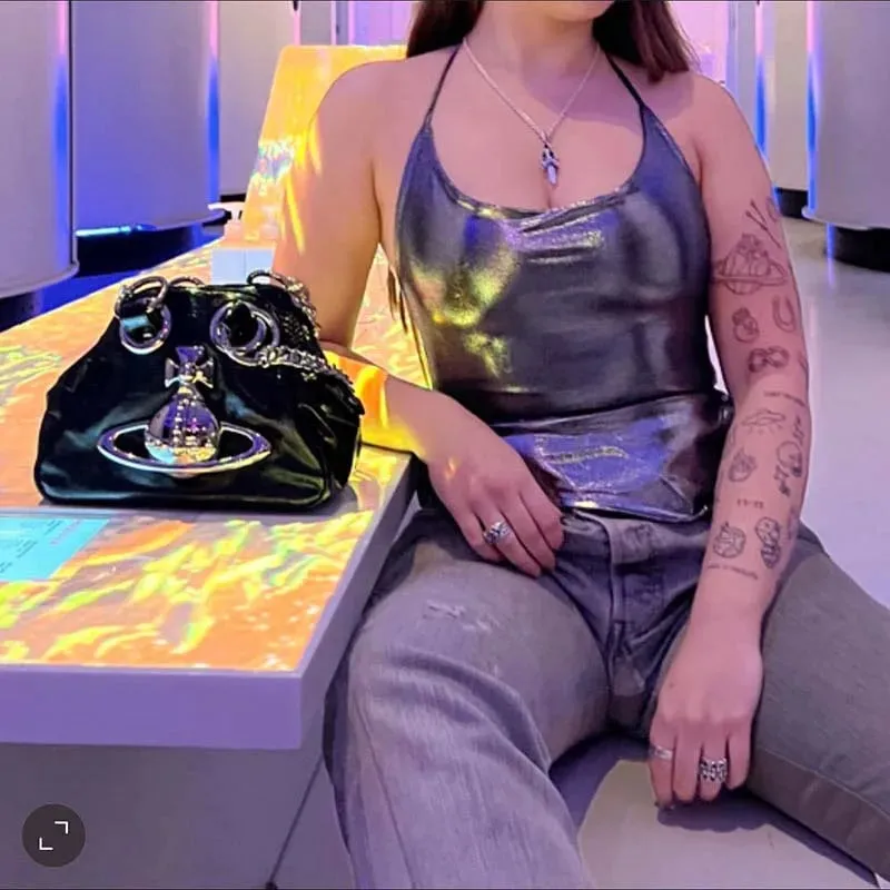 American hot girl bez záda halter top pro dámské léto nový stříbrný nepravidelný čistý touha sexy krátký top