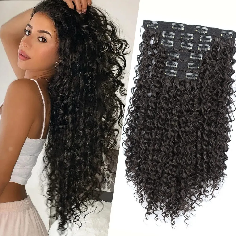Synthetic 26Inch Kinky Curly 16 Clip In Hair Extensions Black Brown Full Head Fake Pieces Kinky Curly Hair Extensions — image 6