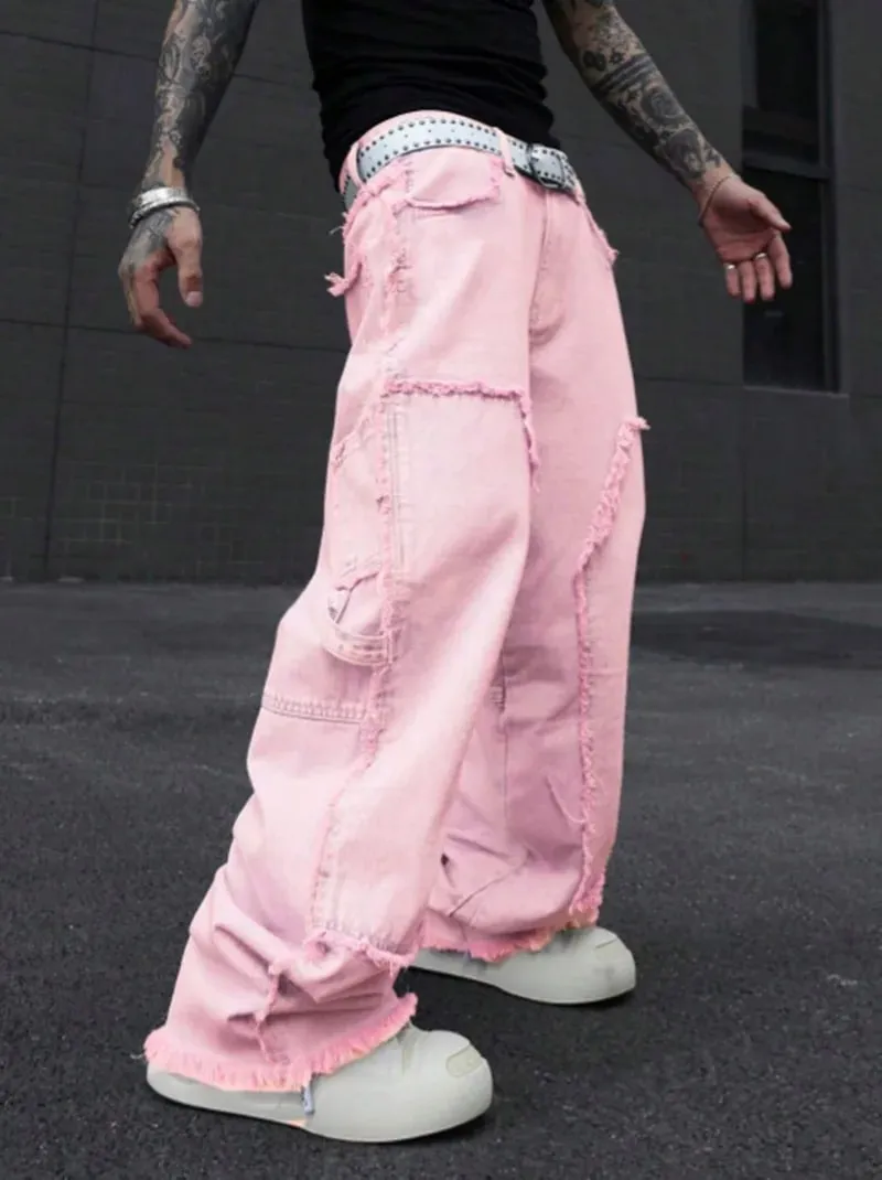 Pink Frayed Wide-Leg All-Season Cargo Denim Jeans — image 5