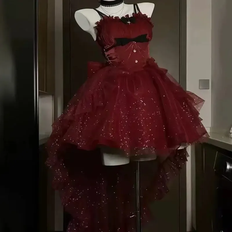 Gotisk Röd Lolita JSK Klänning Dam Spaghetti Band Volang Tyll Kjol Kedja Rosett Dekor Hög Låg Fåll Vintage Princess Festklänning