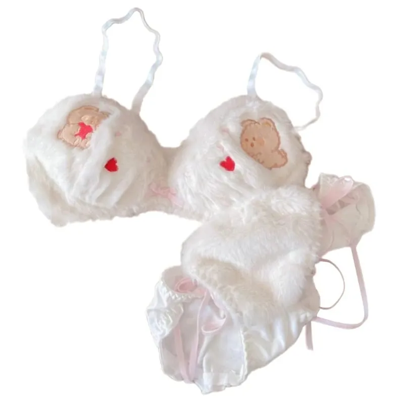 Conjunto de calcinha e sutiã de pelúcia peludo feminino, estampa de panda de desenhos animados, lingerie de inverno, menina escolar, anime japonês, roupa íntima cosplay — image 12