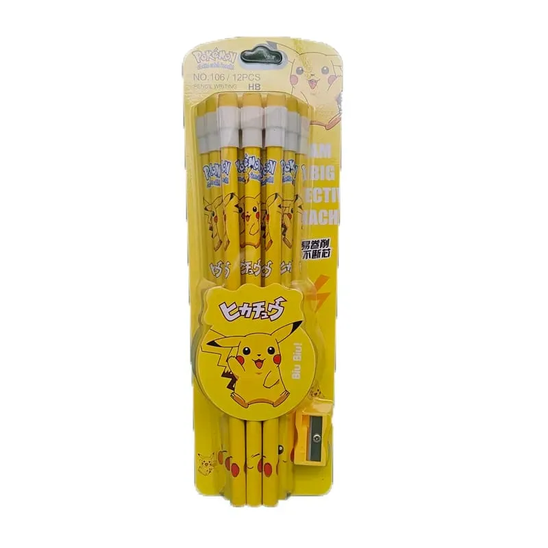 12pcs pokemon pencil with Eraser Pencil Sharpener cute pikachu Anime Figure School Supplies Office Stationery Kawaii Tools Gifts