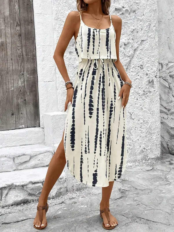 Pambabaeng Summer Spaghetti Strap Dress na may Belt at Side Slit - Casual Sleeveless Flowy Dress — image 4