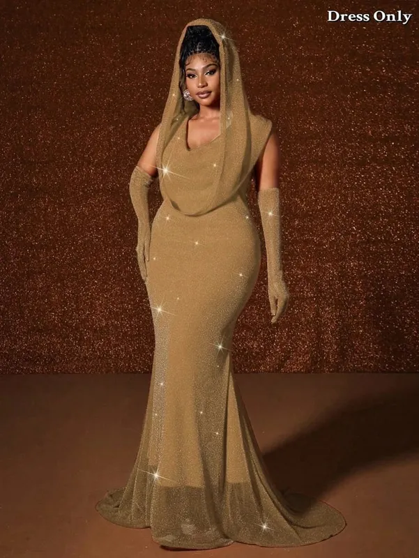 Plus size chapéu sexy cintura quente ouro peixe cauda balanço longo cor sólida fishtail pacote fino hip vestido com capuz