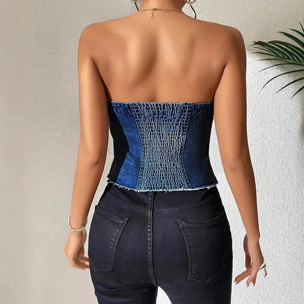 Denim Strapless Top Women Sleeveless Crop Tops Sexy Backless Single Breasted Washed Distressed Streetwear Y2k Camis Tanks Summer — image 4