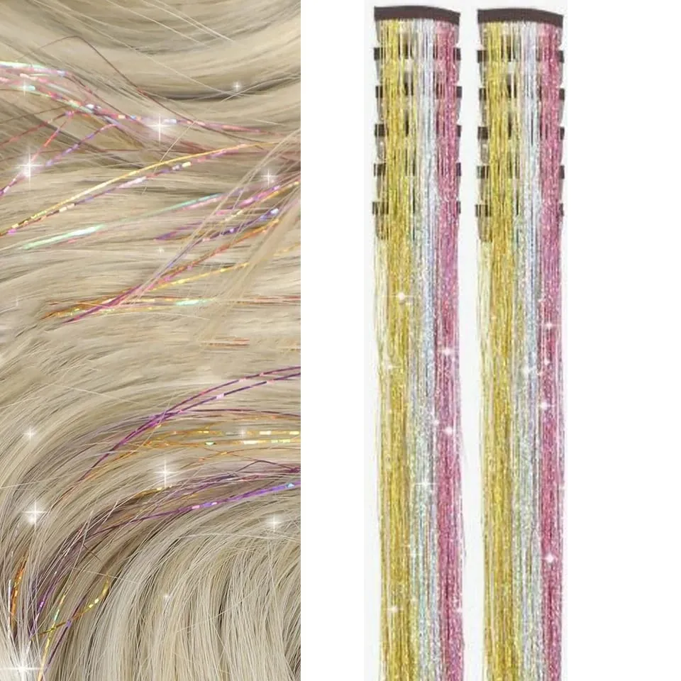 12Pcs/Pack Sparkle Blonde Hair Extensions Clip In Rainbow Shiny Sparkle Hair Tinsel Heat Resistant Sparkle Hair Extensions For W — image 15