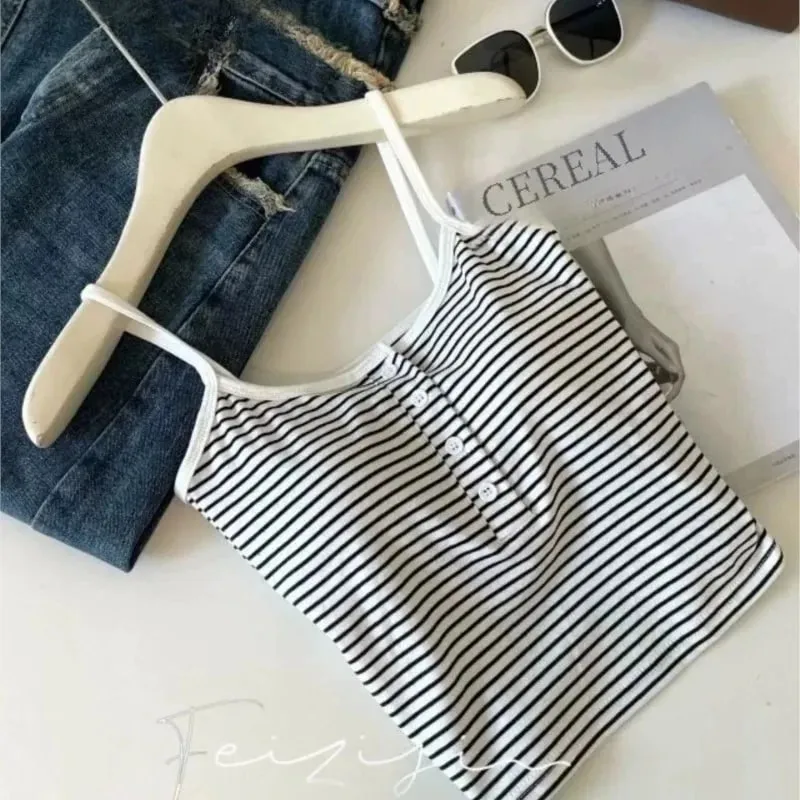 Integrated Stripe Women's Vest Inner Wear Outer Wear Button Fixed Cup No Bra Sports Top Short Style Cotton 100% Short Vest — image 5