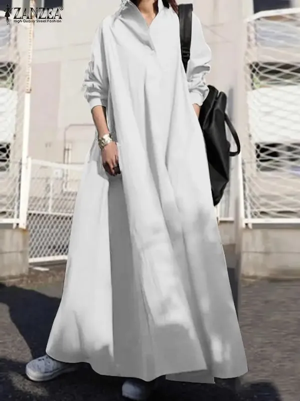 Vestido feminino outono manga comprida camisa vestido solto oversized maxi kaftan mulher lapela sólida meio botão a linha vestido de verão — image 3