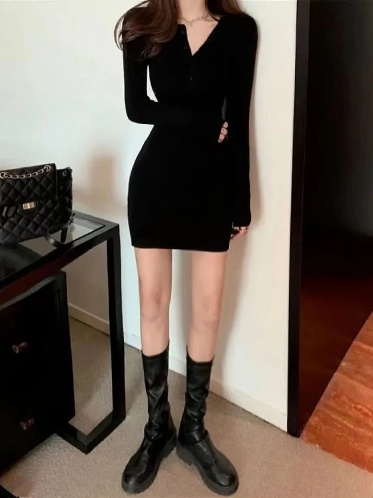 Outono inverno mini vestido feminino com decote em v botão sexy camisola elegante bodycon vestidos de manga longa robe saia curta cintura sólida — image 7