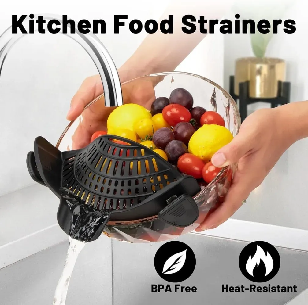Heat-Resistant Silicone Clip-On Strainer for Pots/Pans - Collapsible Drain Colander for Pasta Veggies Fruits - Kitchen Tool