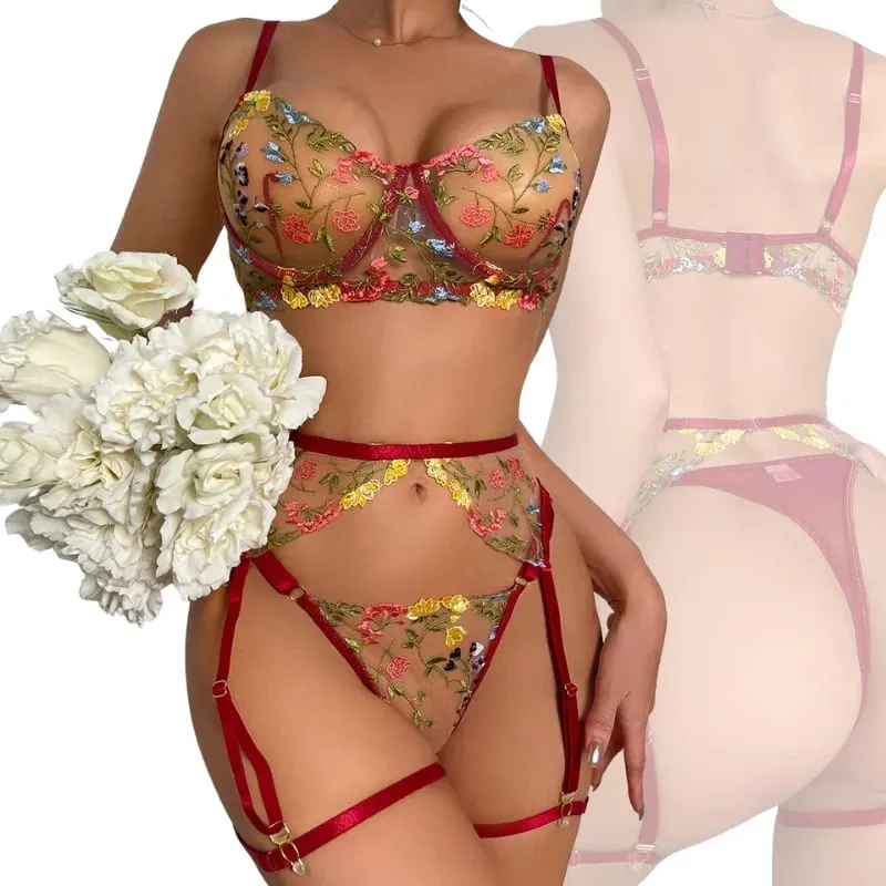 Clearance Random Color Sexy Lingerie Set 3 Pcs Floral Embroidery Sheer Lace Bra Garter Belt Panty Intimate Underwear Kit — image 5