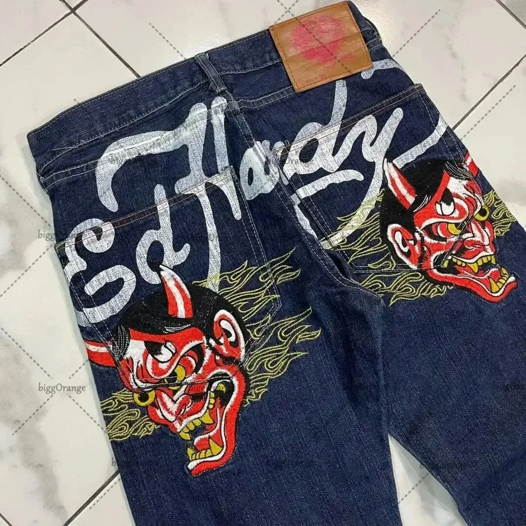 Mens Jeans Streetwear Y2K Vintage Straight Leg Denim Pants Skull Rose Flame Print Design Loose Fit Retro Punk Hip Hop Fashion — image 10