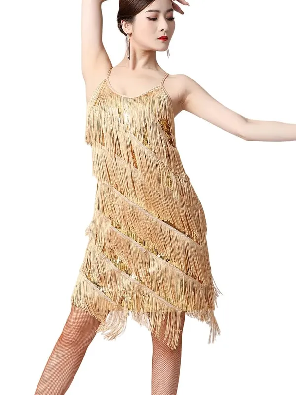 Dam 1920-tal Vintage Great Gatsby Party Paljettklänning Sexig V-ringad Sommar Cami Klänning Guld fransklänning Vestidos Flapper Kostymer — image 3
