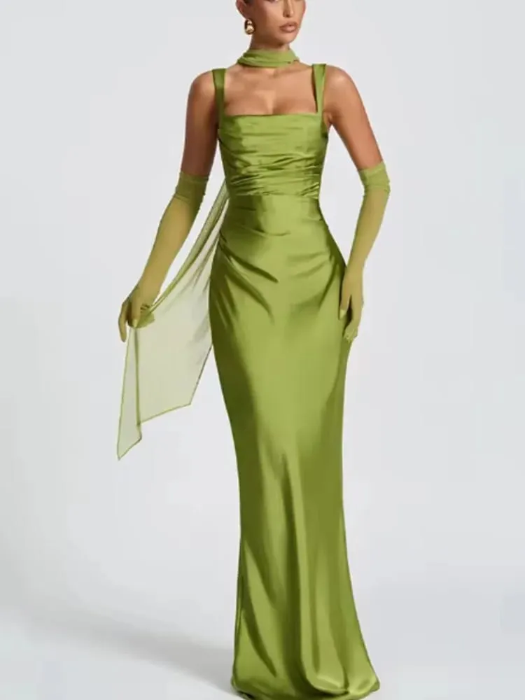 Elegant Scarf Collar Sling Women Summer Dress Solid Sleeveless Off-shoulder Slim Maxi Dresses 2026 Lady Chic Evening Party Gown — image 2