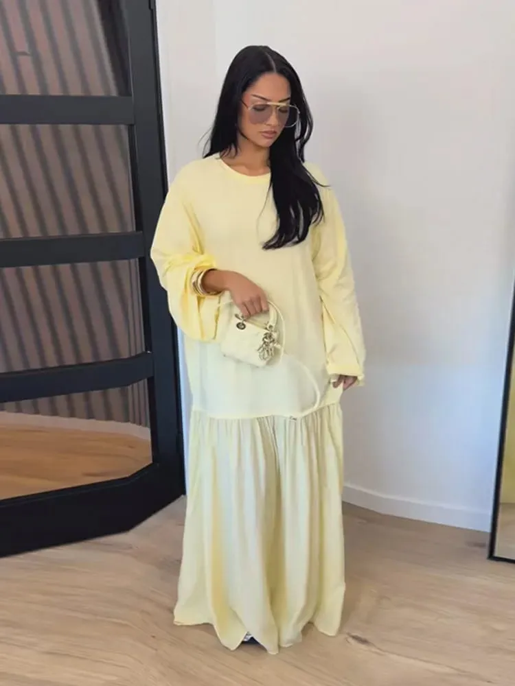 Solid Color Loose Fit Flare Sleeve Tiered Dress Crew Neck Ruffle Hem Pleated Long Maxi Dresses 2026 Spring Chic Casual Outwear — image 2