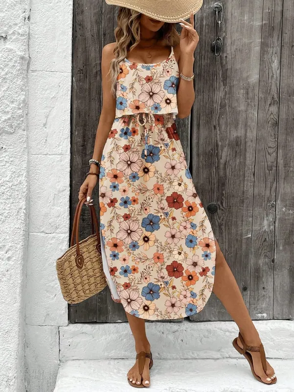 Pambabaeng Summer Spaghetti Strap Dress na may Belt at Side Slit - Casual Sleeveless Flowy Dress — image 13