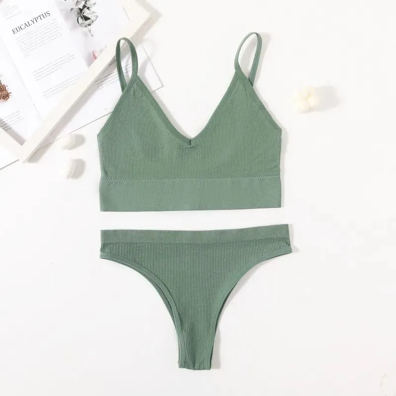 Women Seamless Bra And Panties Set Low Waist High Leg Cut Thongs Non-Wire Bra Top Sexy Lingerie Ladies U-Back Underwear Set — image 8