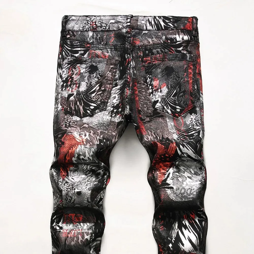 Men Coated Denim Jeans Fashion Shinny Leopard Abstract Pattern Printed Pants Slim Tapered Trousers — image 4