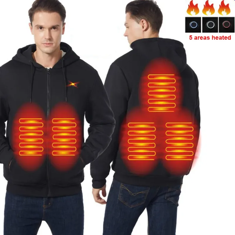 USB Heating Luvtröjor Herr Vinter Eluppvärmda Luvtröjor Jackor Uppvärmd Zipper Hoodie Infraröd 5 Värmeområden Jacka Svart Grå — image 24