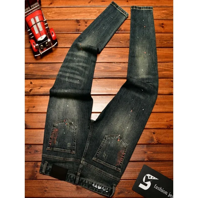 Broken hole patch jeans for men 2025 new men's clothing paint printing trend design retro nostalgic slim fit denim pants — image 5