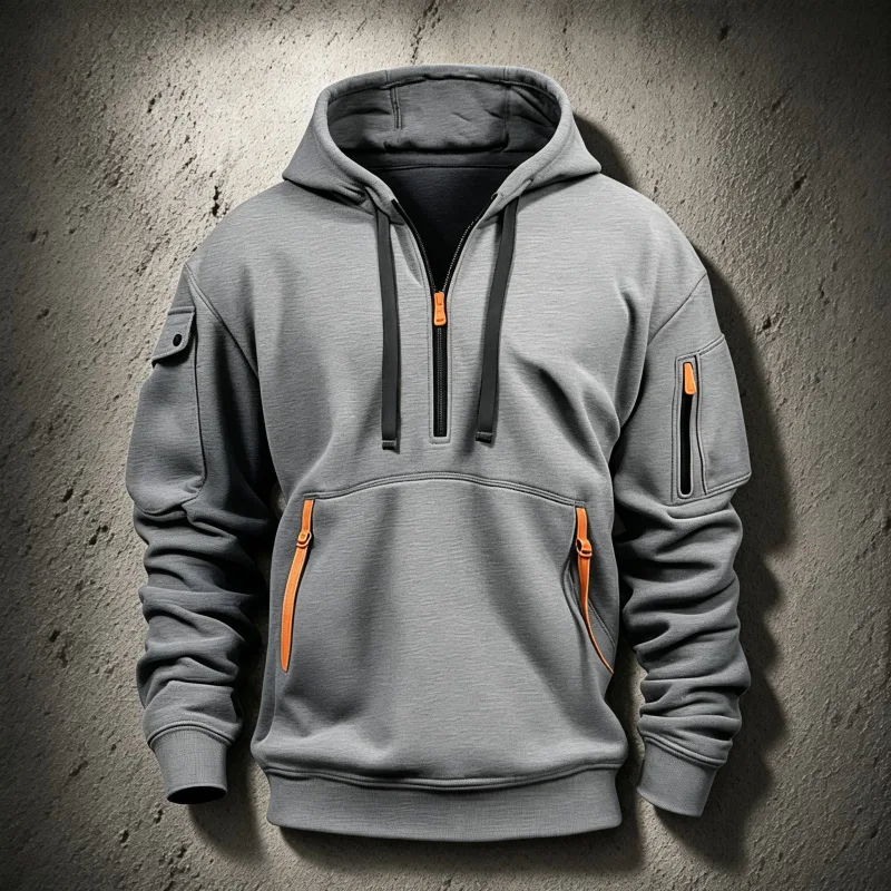 Men's Spring Autumn Hooded Sweatshirt Zip Multi Pocket Pullover Casual Sports Jacket Fashion Trendy Hoodie Top for Men Street