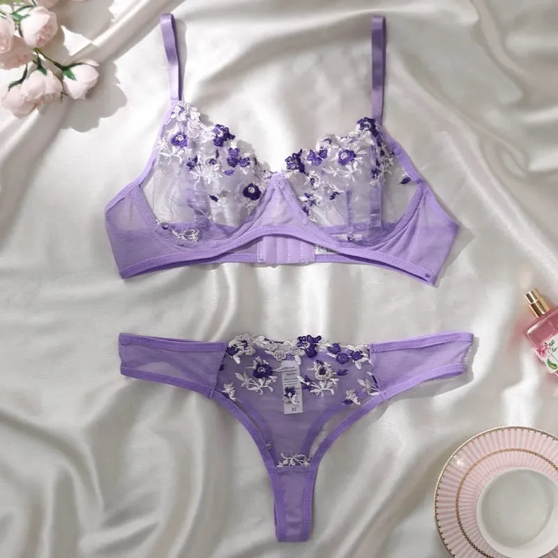 Sexy Lace Lingerie Bra And Panty Sets Women Underwear Flower Embroidery Bralette Set — image 12