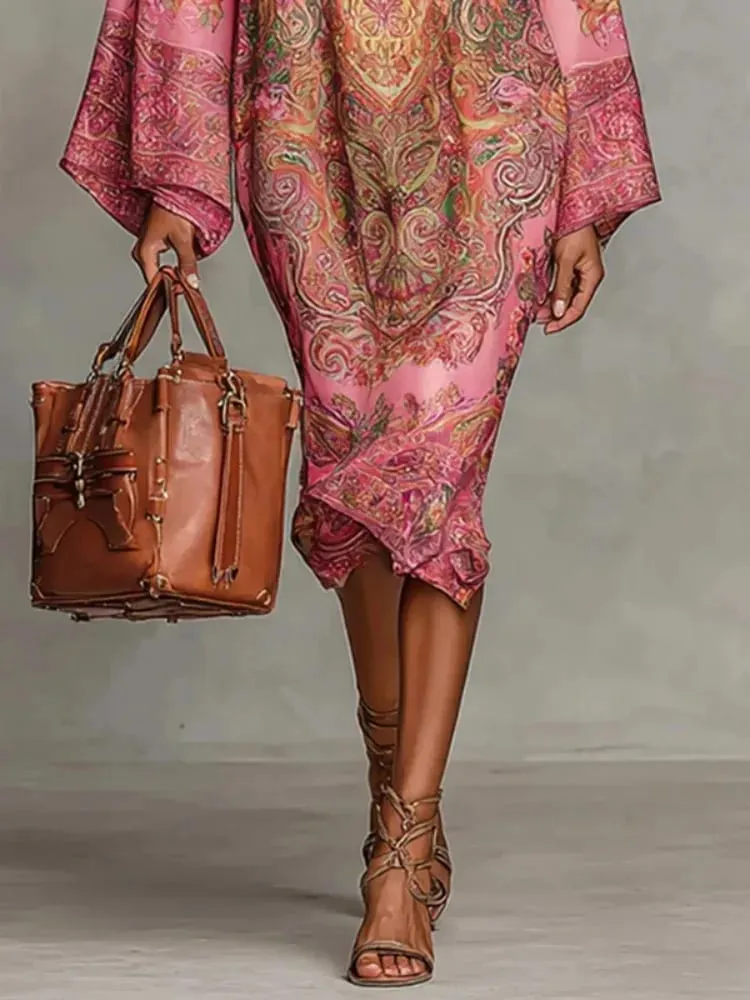 Yeezzi 2026 New Retro Classic Printed Party Evening Midi Dresses Loose Batwing Sleeves Elegant Ramadan Church Kaftan Dress Robe — image 6