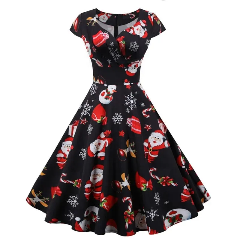 Moda decote em V manga curta estampado vestido de Natal grande balanço vintage elegante vestido de festa de Natal — image 4