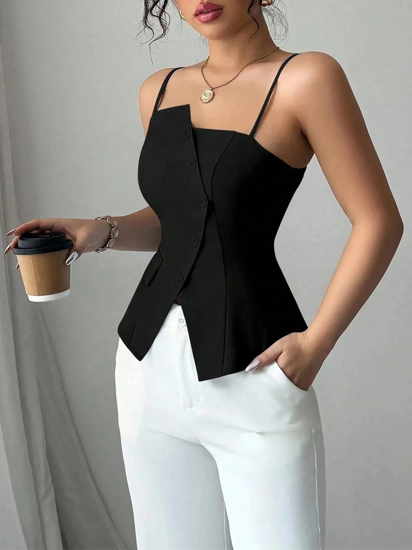 Womens Cami Top Thin Strap Asymmetric Button Cami Top Button Blazer Vest Fit Elegant Chic Apparel Tops Spring Summer Daily Shirt — image 5