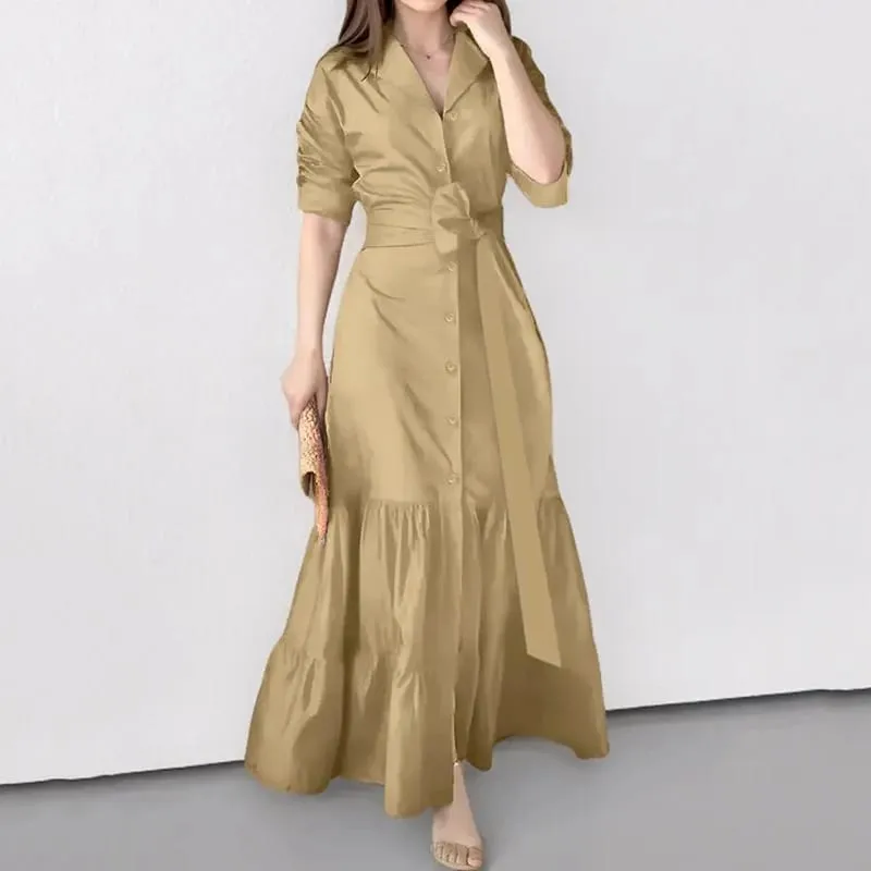Spring Summer New Women's Long Solid Color Shirt Dresses Versatile Elegant V Neck Lace Up Cinched Waist Single Breasted Dress — image 5