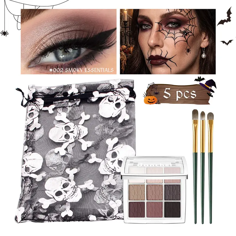 9 Shade Eyeshadow Palette Black Swan Smoky with 3 Brushes Waterproof Matte Highlighter for Halloween Eye Makeup