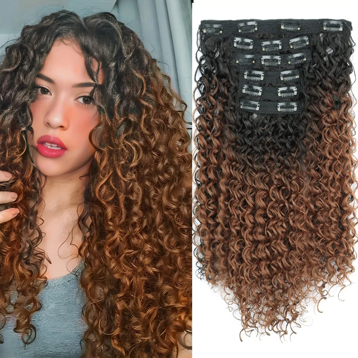 Synthetic 26Inch Kinky Curly 16 Clip In Hair Extensions Black Brown Full Head Fake Pieces Kinky Curly Hair Extensions — image 3