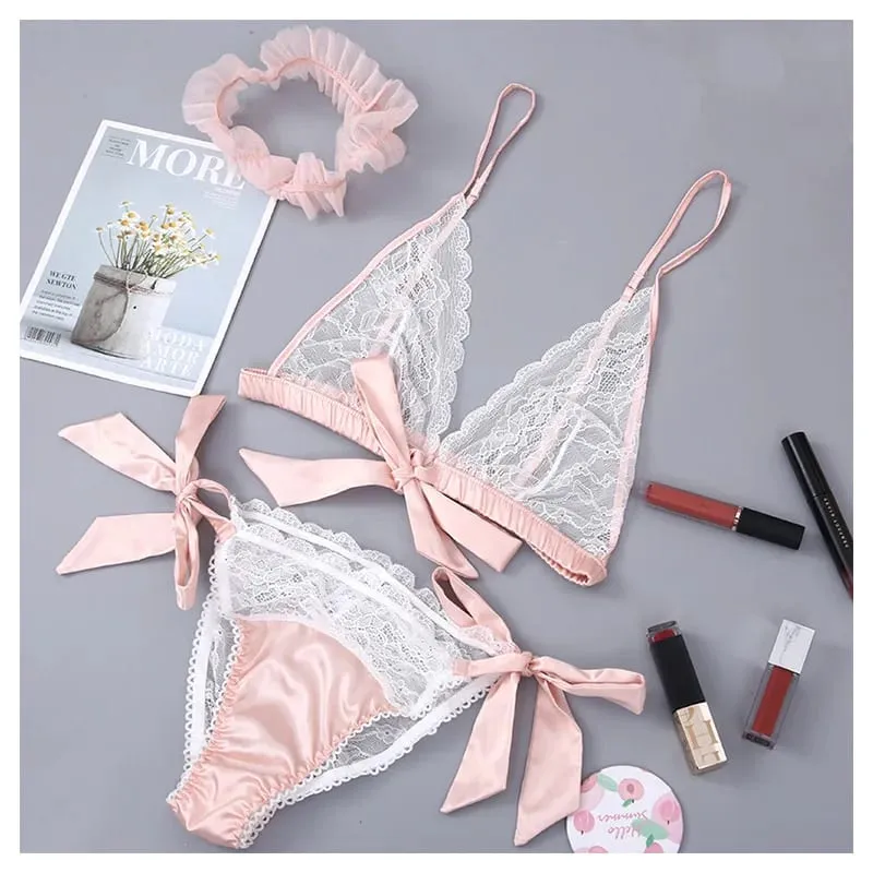 Lingerie sexy francesa renda babados sem fio sutiã e calcinha com liga conjunto de roupa íntima tentação transparente conjunto de sutiã ultrafino — image 6