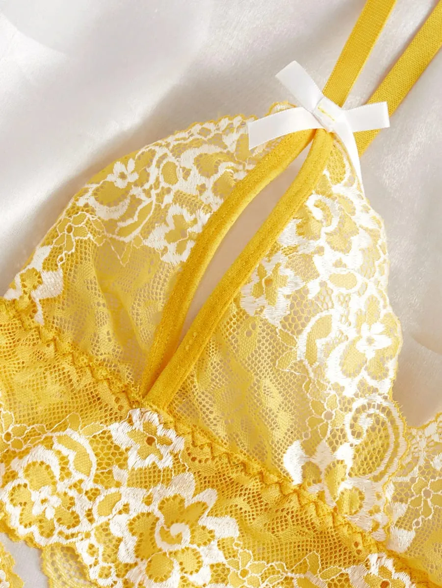Sexy Lingerie Set Women Lace Bra at Panty See Through Floral Embroidery Bralette Transparent Erotic Underwear Bow Nightwear — image 4